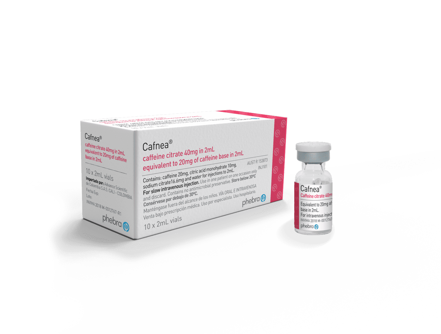 Cafnea® 40 mg, solución inyectable Citrato de cafeína – Caja por 10 viales. Advance Scientific Group.