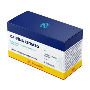 Empaque de Cafeína Citrato 40 mg/2 mL para tratamiento de la apnea del prematuro en unidades de cuidados intensivos neonatales.