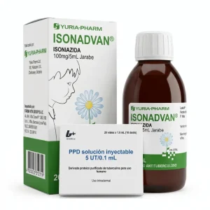 Empaques farmacéuticos de Tuberculina PPD 5 UT e ISONADVAN Isoniazida 100 mg/5 mL jarabe para programa de salud pública de tuberculosis en Chile.