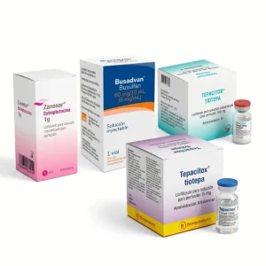 Portafolio de hemato-oncología de ASG Chile mostrando empaques de TEPACITOX Tiotepa, Busadvan Busulfán y ZANOSAR Estreptozocina.